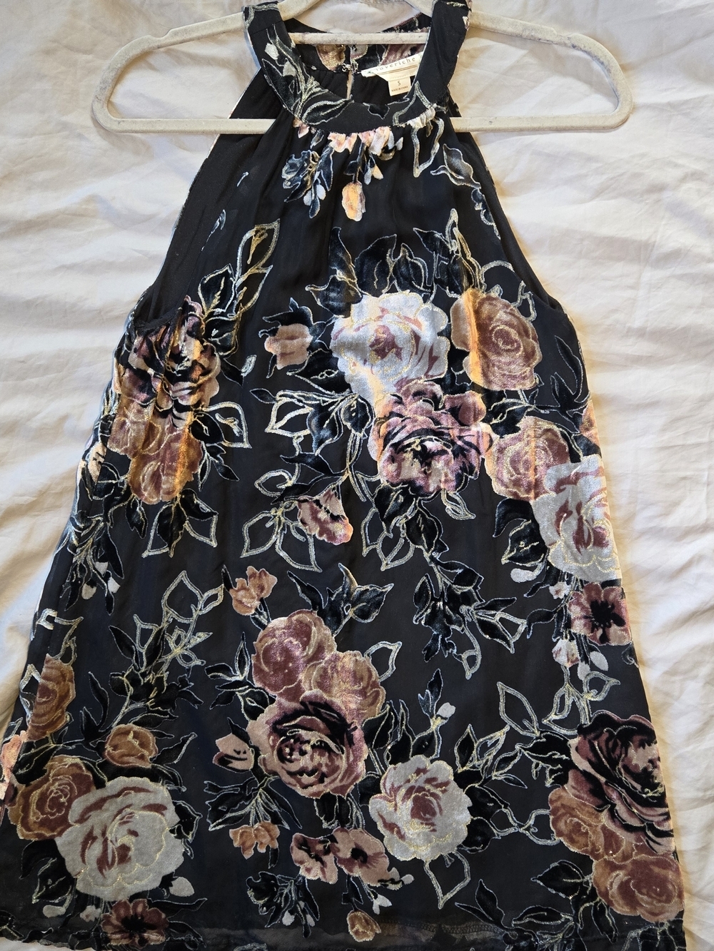 Romantic Velvet Burnout Halter Mini Dress with Pink Roses Feminine Whimsical SM